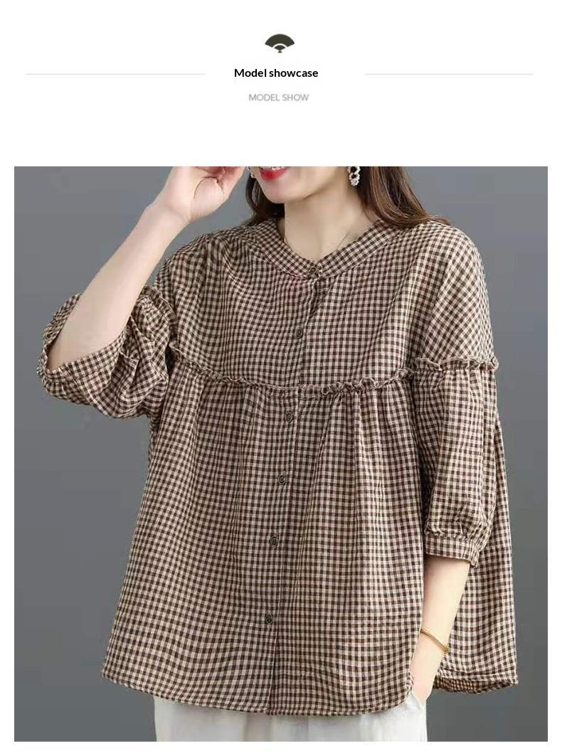Blusa mujer estilo coreano efecto lino manga tres cuartos_voghion.com