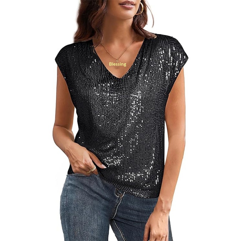 V-neck Sequin Blouse Short Sleeve Women's Elegant Summer Top_voghion.com