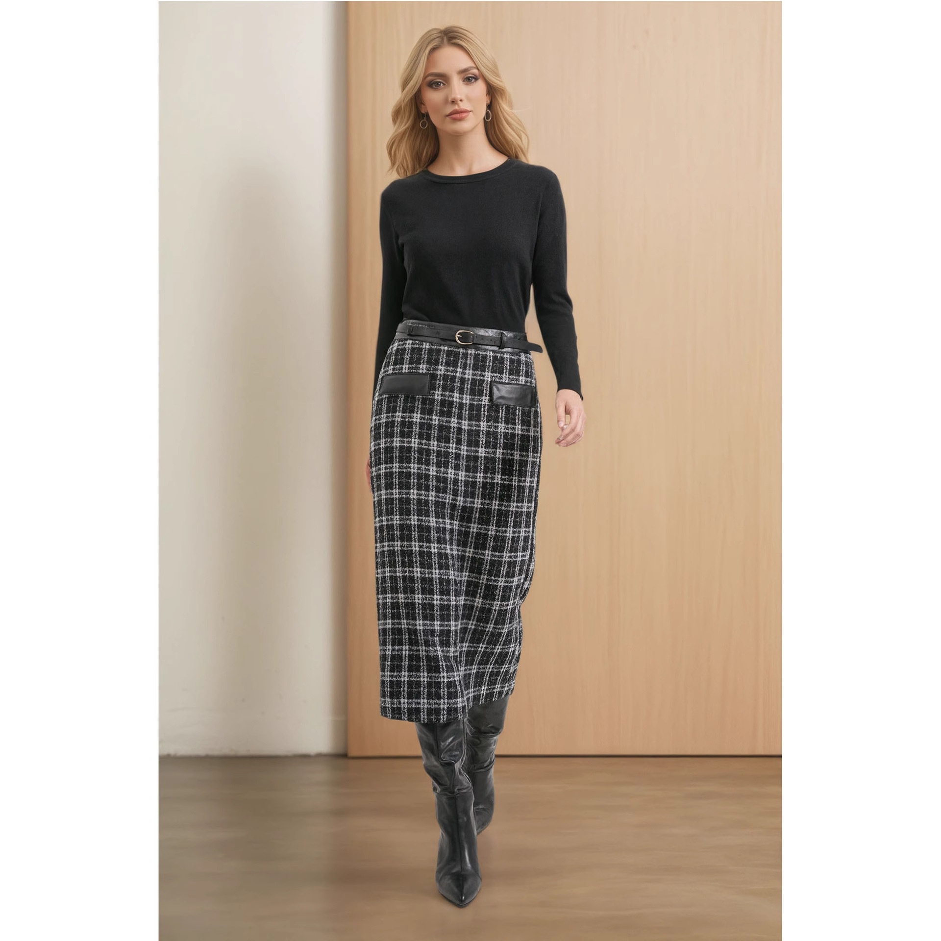 Elegante falda larga retro de cuadros de talle alto, nueva colección primavera-otoño 2026, con inserciones de cuero sintético y punto._voghion.com