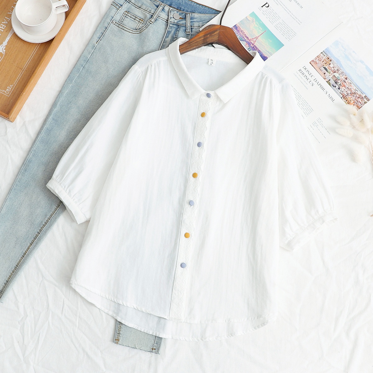 Camicia donna in garza a doppio strato con pizzo sul davanti_voghion.com