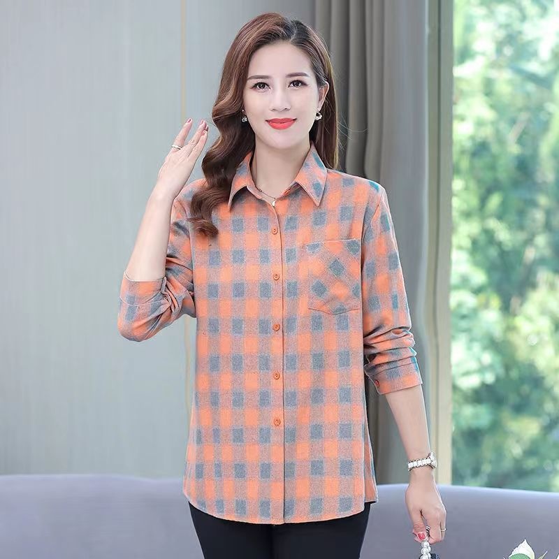 Middle-aged And Elderly Long-sleeve Shirt, 2026 Spring New Style, Korean-style Loose-fitting Collared Plaid Women's_voghion.com