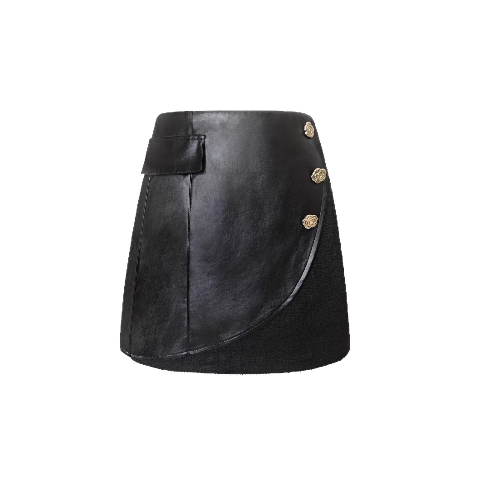 leather Patchwork Back Zipper, Fashionable With Pocket Flap Button Decoration, Small A-line Hem, European And_voghion.com