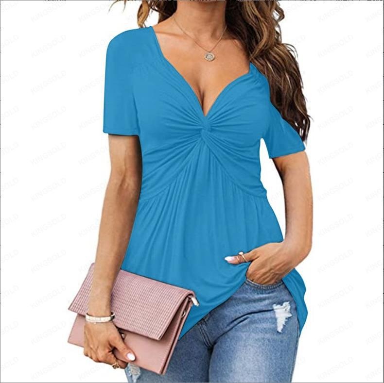 Elegantes Damen T-shirt Mit V-ausschnitt Und Front-twist Kurzarm_voghion.com