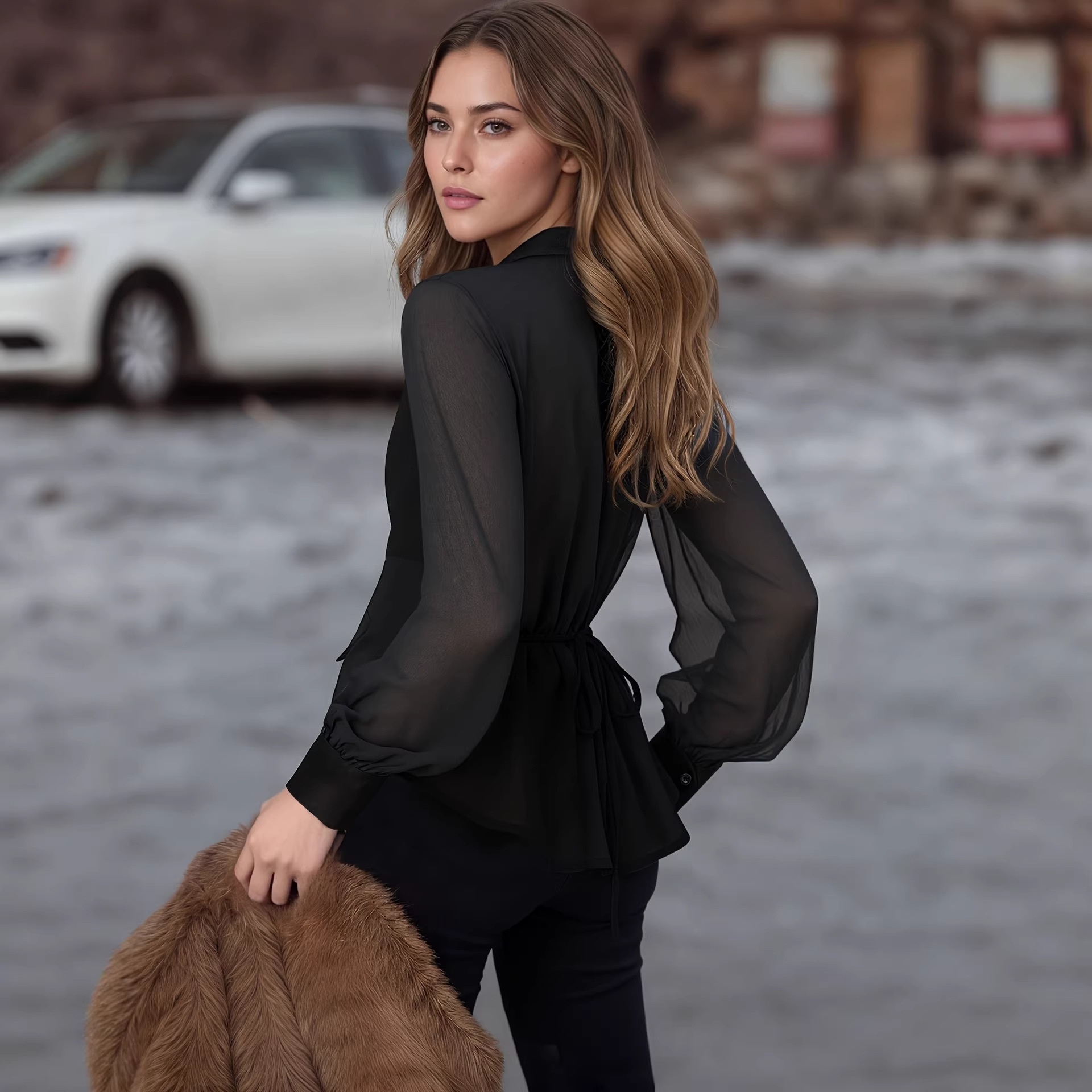 European And American Trendy Women's Shirt In Black Satin With Chiffon Inserts, Long Sleeves, V-neck, French-style Tie,_voghion.com