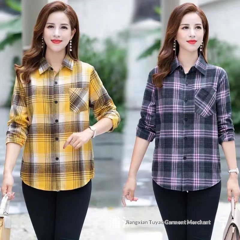 Women's Long-sleeve Plaid Blouse For Middle-aged And Elderly Women_voghion.com