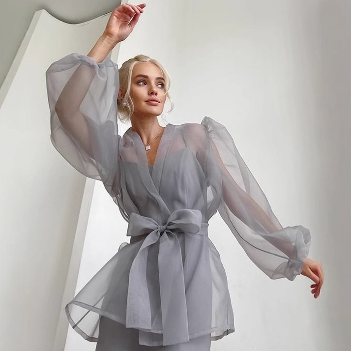 Camicetta ampia e trasparente da donna in stile euro-americano per la primavera/estate 2025, con maniche a sbuffo e inserti in pizzo a rete._voghion.com