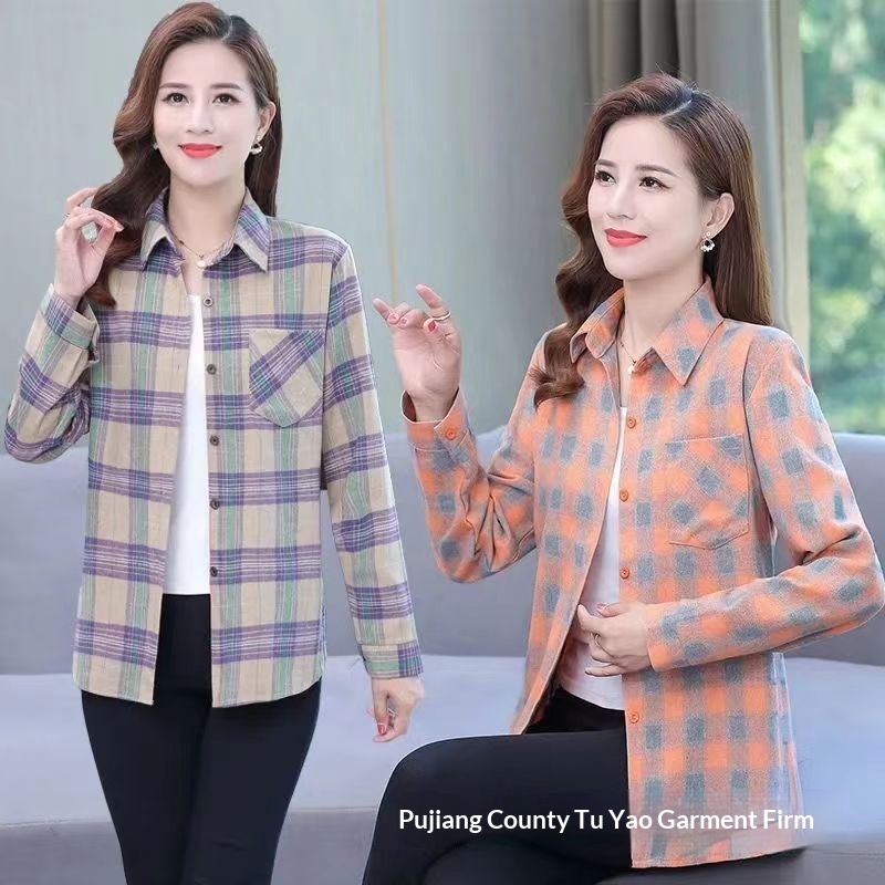 Women's Long-sleeve Plaid Blouse For Middle-aged And Elderly Women_voghion.com