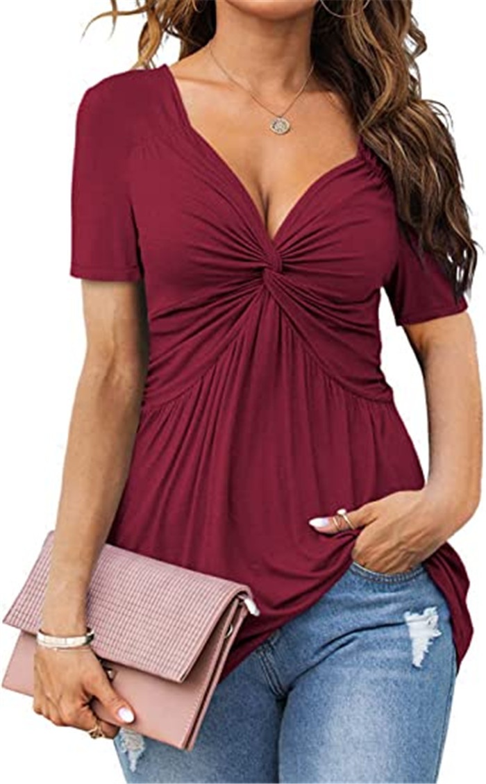 Elegantes Damen T-shirt Mit V-ausschnitt Und Front-twist Kurzarm_voghion.com