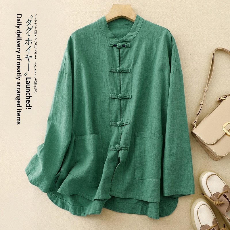 4-farbiges Button-Down-Hemd für Damen, neues Modell Herbst 2026, locker sitzende Damenbekleidung im chinesischen Stil aus Baumwoll-Leinen-Mischgewebe_voghion.com