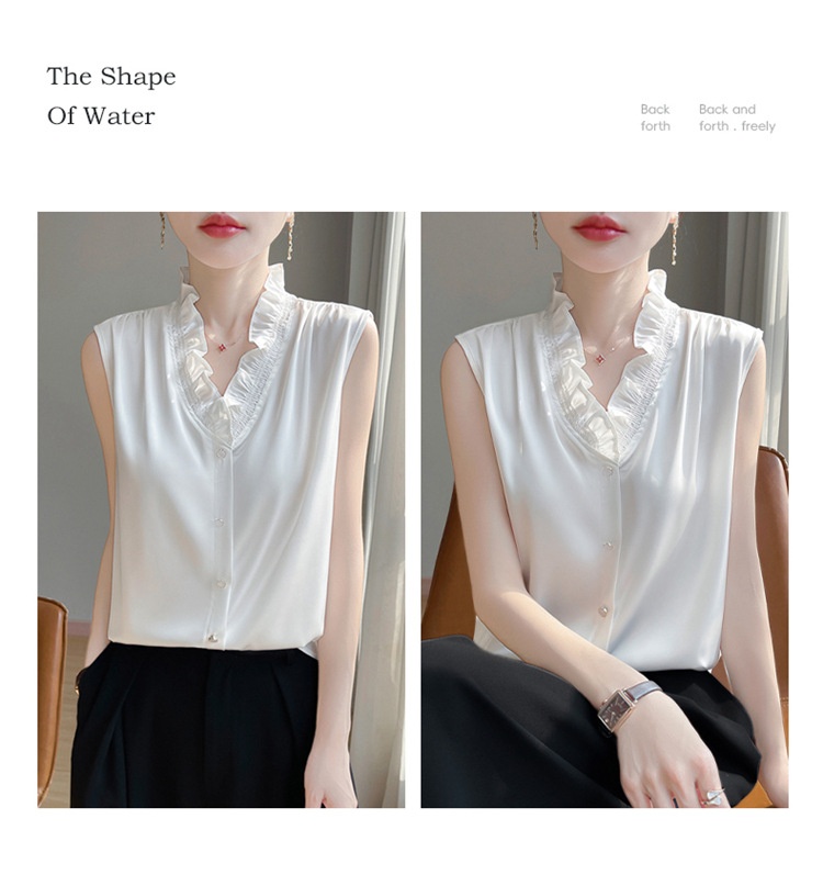 Women's Ruffled Edge Blouse Elegant Versatile Sleeveless Top_voghion.com