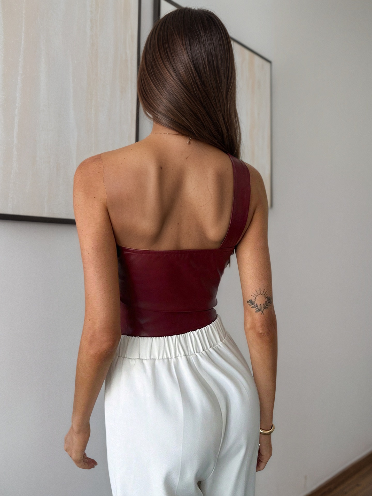 Women's Shiny Pu Leather One-shoulder Tank Top Casual Style_voghion.com