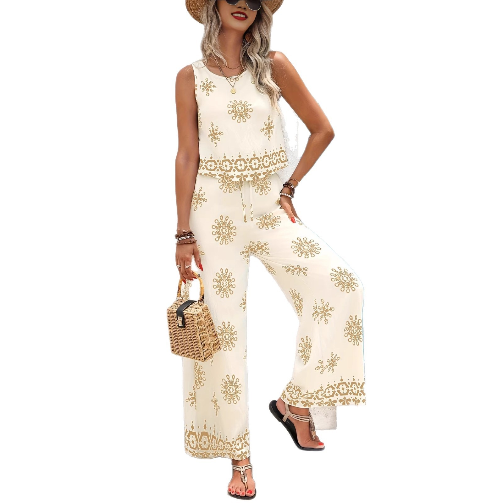 Conjunto de duas peças: colete estampado com botões, cintura elástica e calça pantalona. Nova coleção Primavera/Verão 2026 (Europa e América)._voghion.com