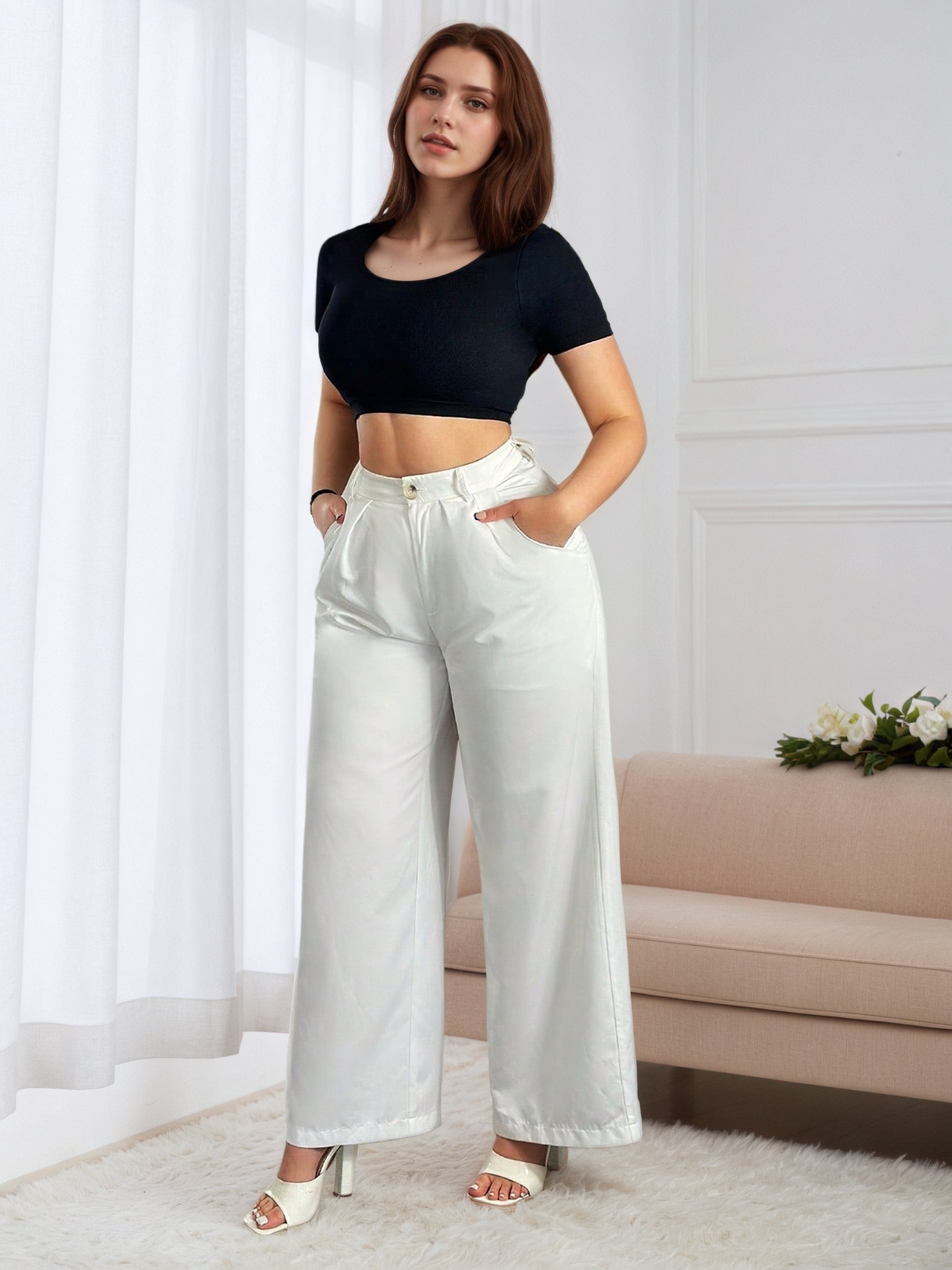 Women's High Waisted Wide Leg Pants Solid Colour Drapey Trousers_voghion.com