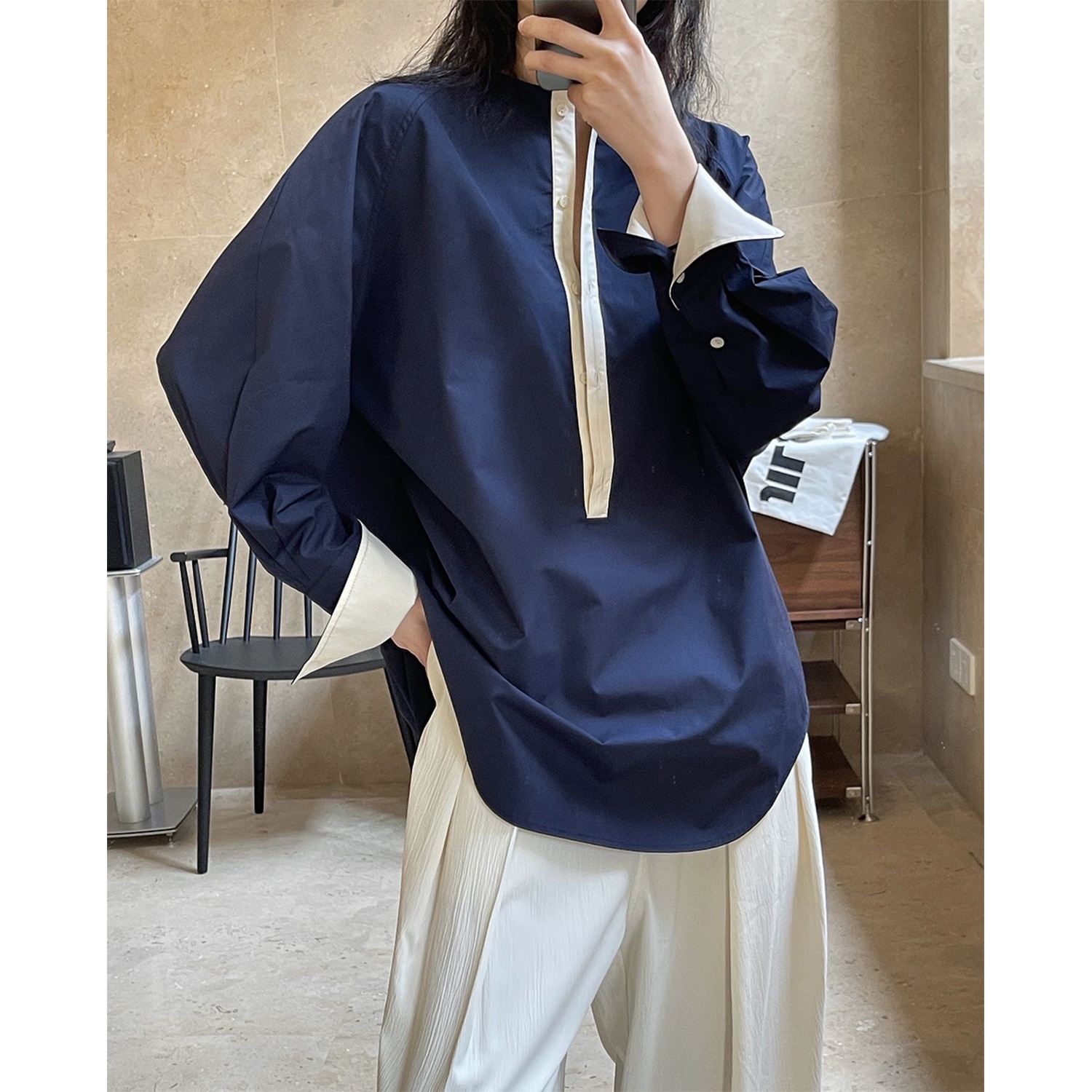 Spring Summer New Retro Artistic Color Block Design Round Neck Raglan Sleeve Shirt Loose Slimming Casual Top For Women_voghion.com