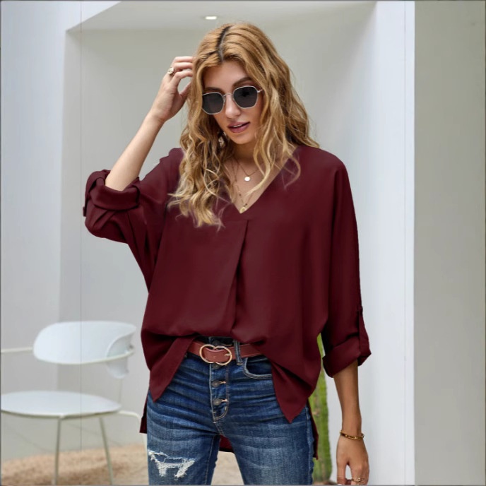 Cross-border European And American Chiffon 2023 Spring/summer Sexy V-neck Loose Plus-size Shirt Fashionable_voghion.com
