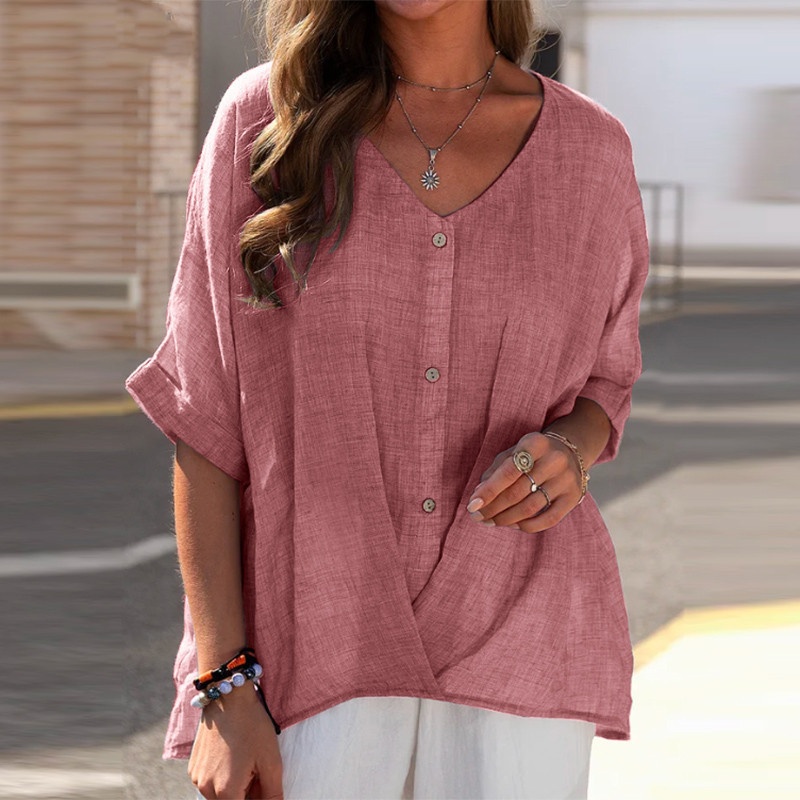 V-ausschnitt Damen Bluse Aus Baumwoll-leinen Locker Lässig_voghion.com