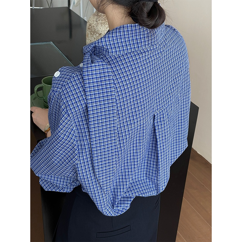 Camicia a maniche lunghe da donna Taochuan in 100% cotone a quadri blu con lacci, autunno 2024, elegante e comoda, modello 2623._voghion.com