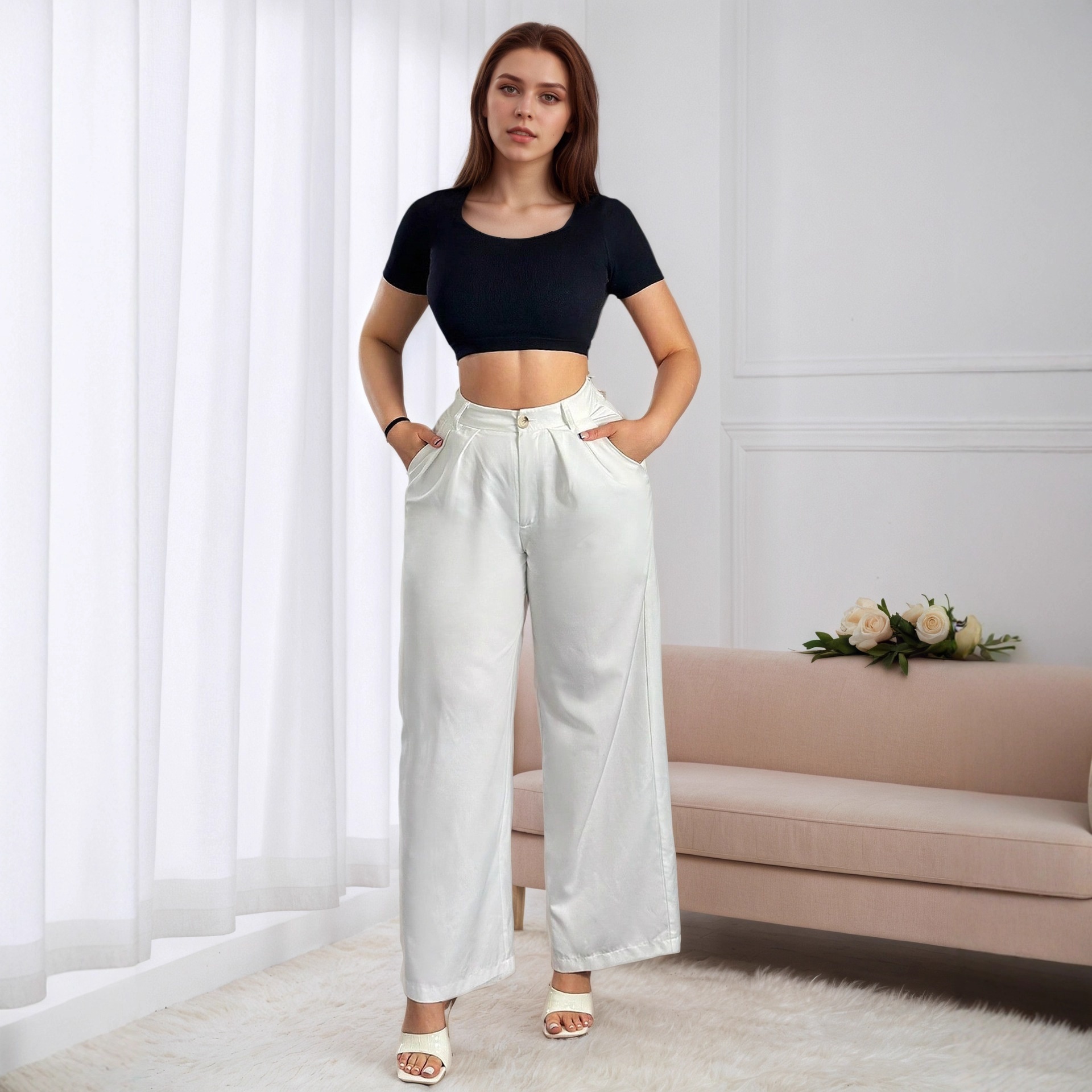 Trendy European American Women's Pants, Popular Casual And Stylish Solid Color High-waisted Wide-leg Pants With Drapey_voghion.com