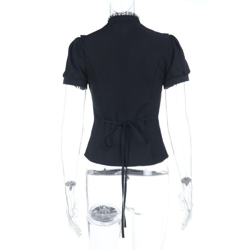 Dam spetsblus med kort ärm somrig slim fit topp_voghion.com