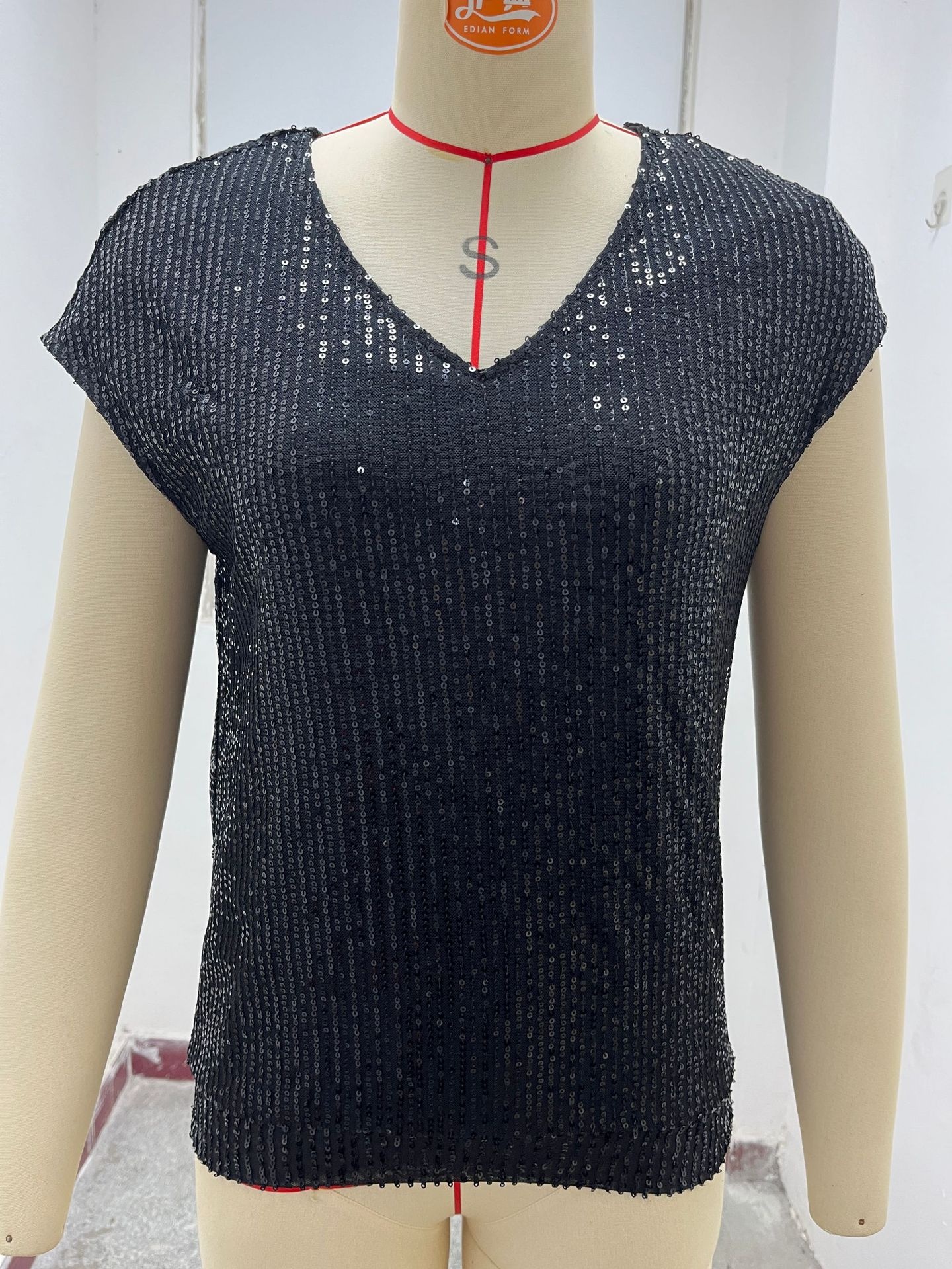V-neck Sequin Blouse Short Sleeve Women's Elegant Summer Top_voghion.com