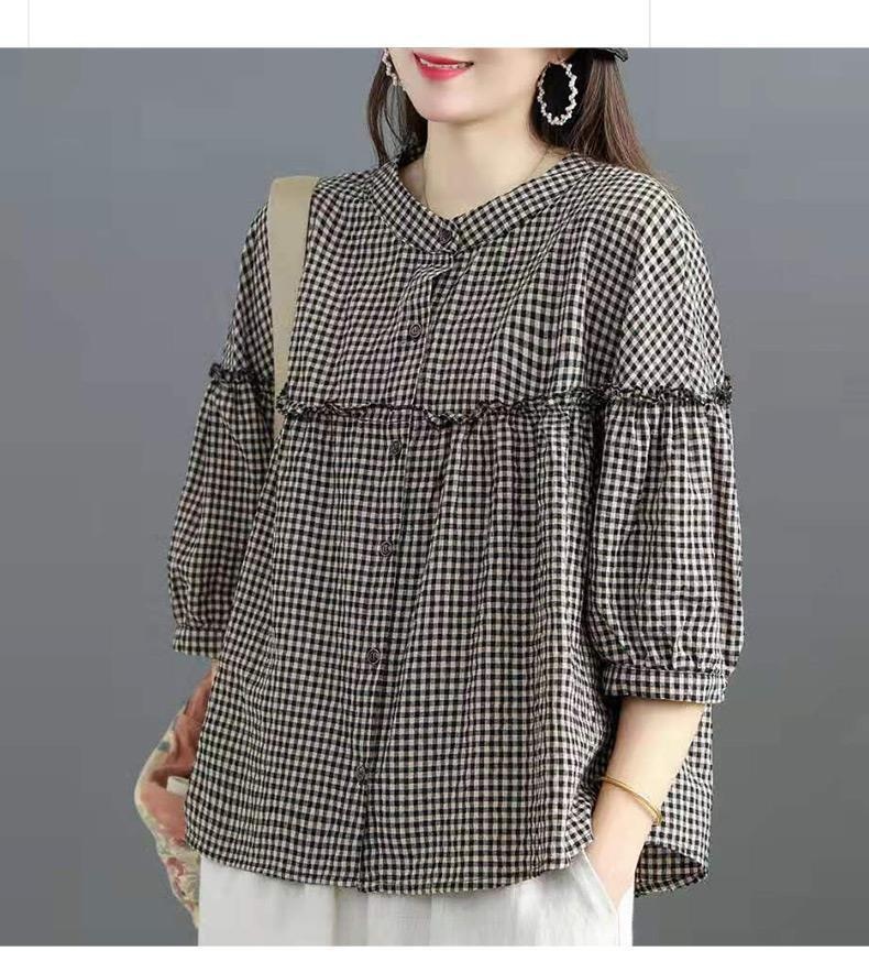 Blusa mujer estilo coreano efecto lino manga tres cuartos_voghion.com