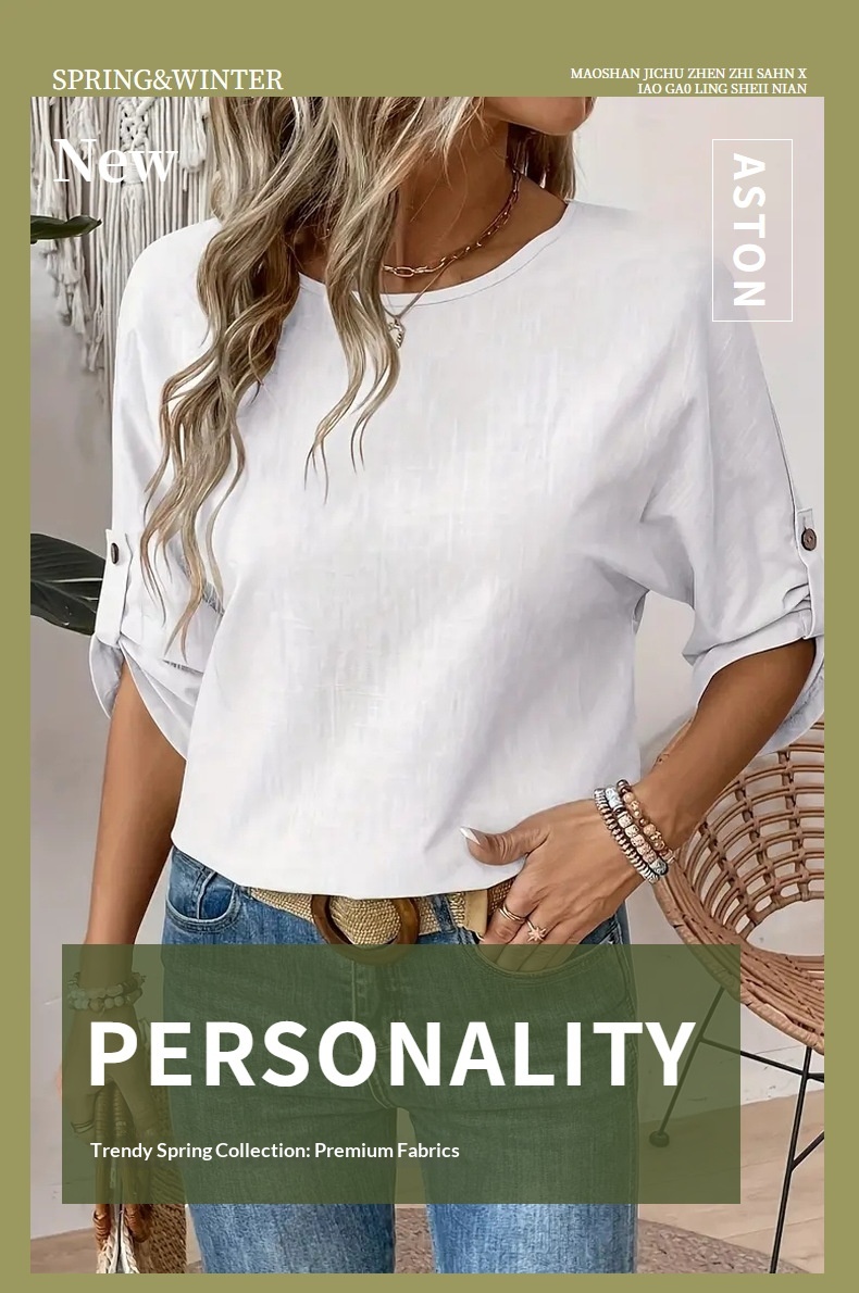 Chemise femme unie à col rond, design simple et tendance, élégante et polyvalente, à porter au quotidien._voghion.com