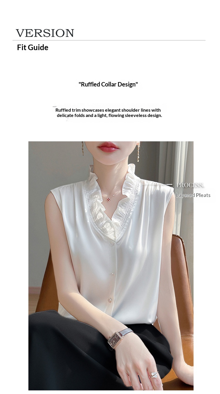 Women's Ruffled Edge Blouse Elegant Versatile Sleeveless Top_voghion.com