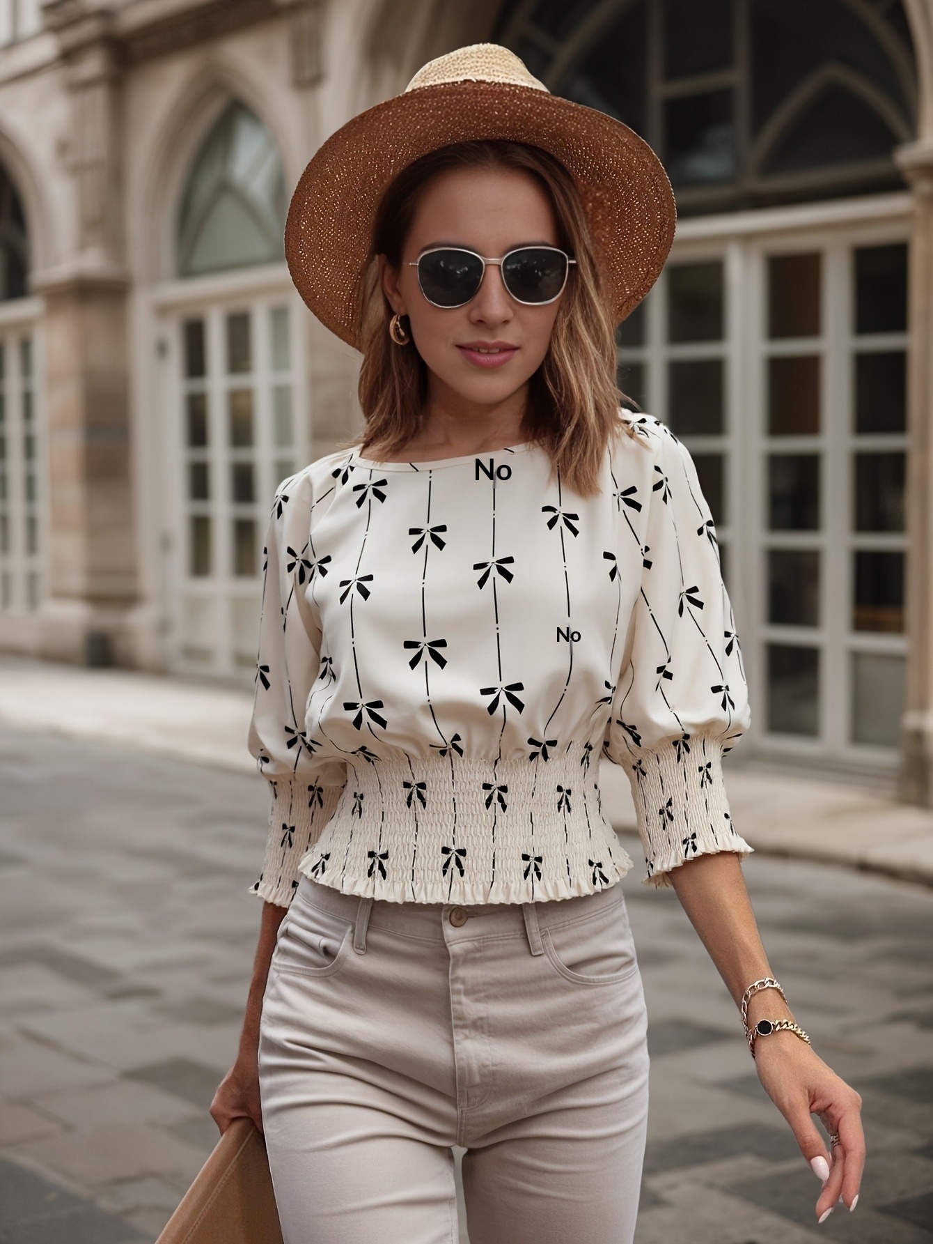Damen Bluse Mit Print Geraffter Taille Und Laternenärmeln_voghion.com