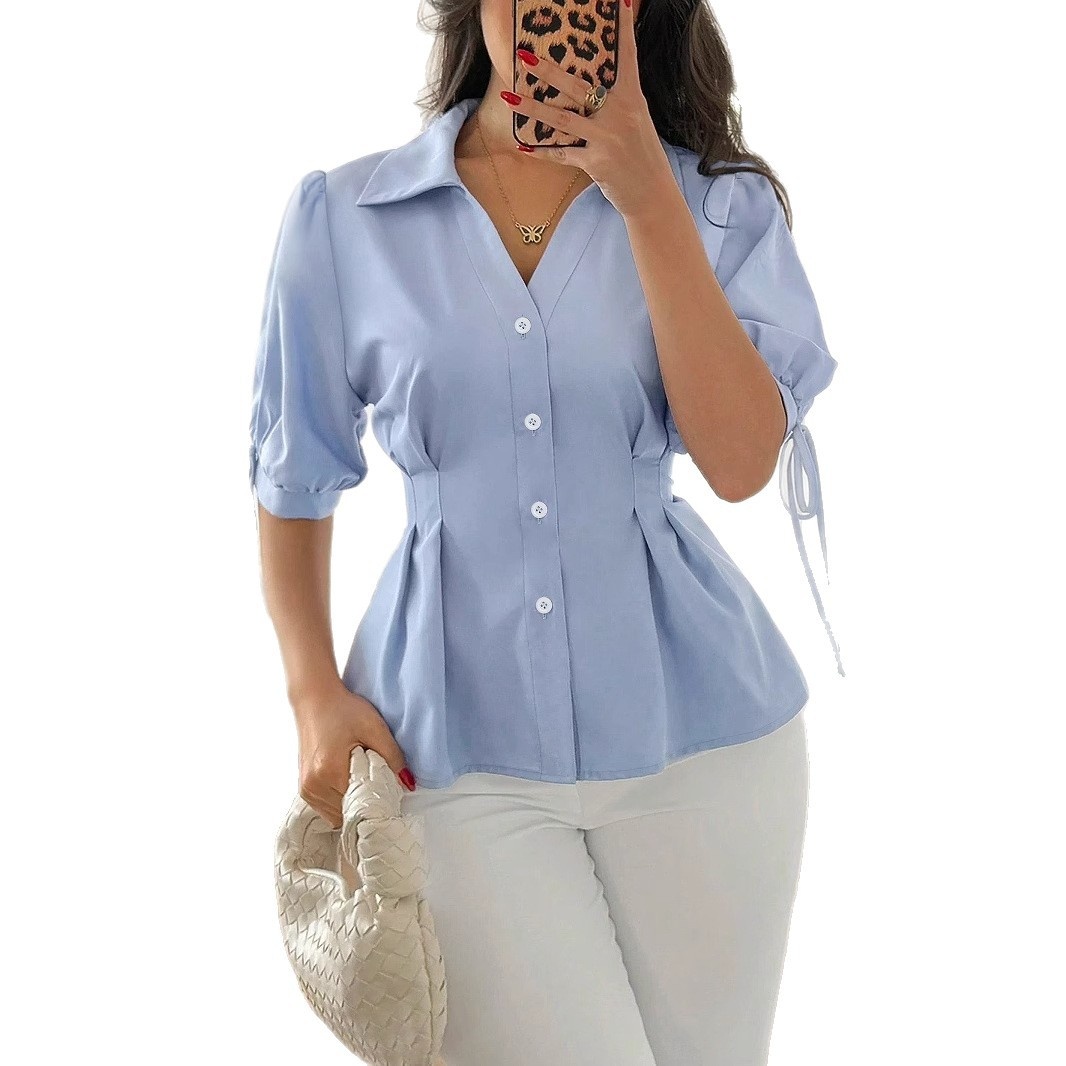 Camicia da donna stile europeo-americano, modello slim-fit a trapezio, con maniche corte, polsini da annodare e design a pieghe, ideale per la primavera/estate._voghion.com