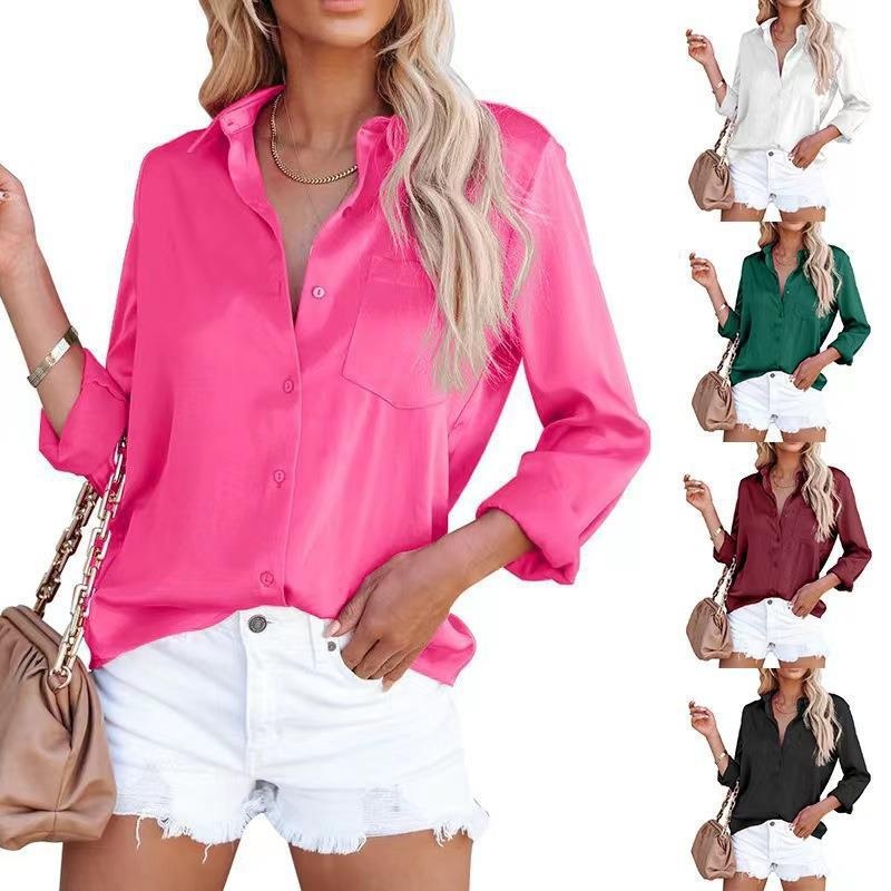 Camicia donna in raso maniche lunghe scollo a v business_voghion.com