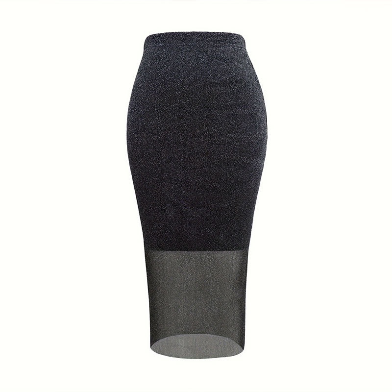 Abito elegante da donna euro-americana, in maglia elasticizzata trasparente con inserti in rete oro e argento, perfetto per feste e occasioni romantiche._voghion.com