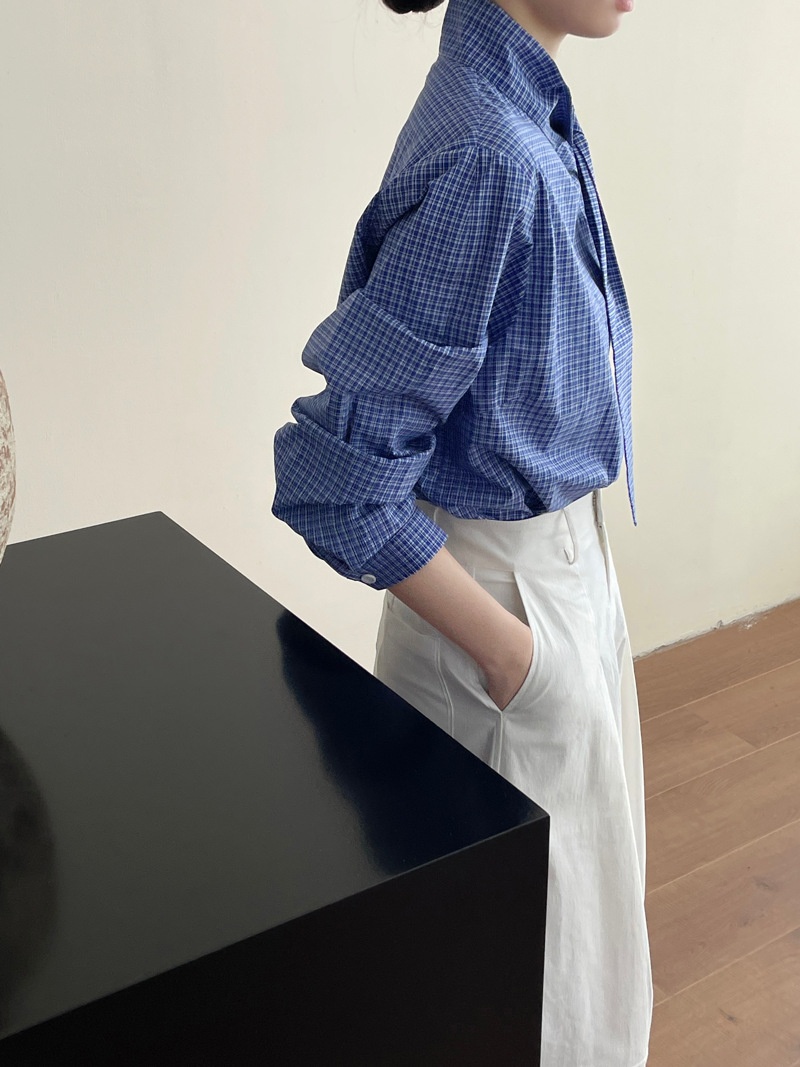 Camicia donna a quadri con lacci maniche lunghe blusa elegante_voghion.com