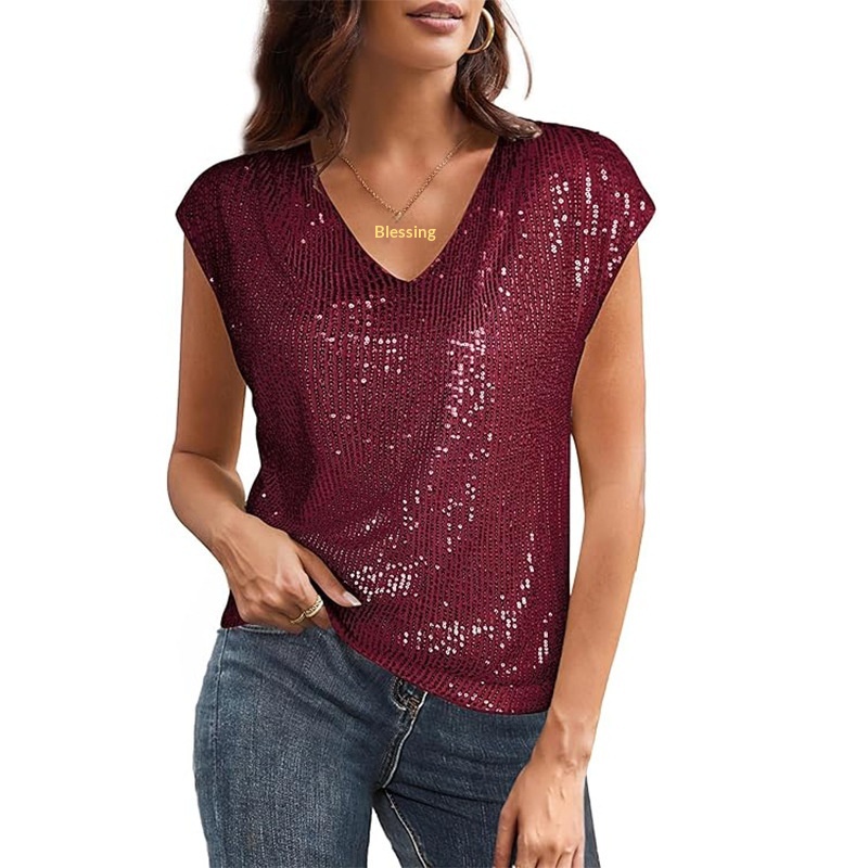 V-neck Sequin Blouse Short Sleeve Women's Elegant Summer Top_voghion.com