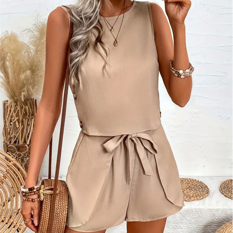 Women's Shorts Two-piece Set With Ruffles And Bow Decoration_voghion.com