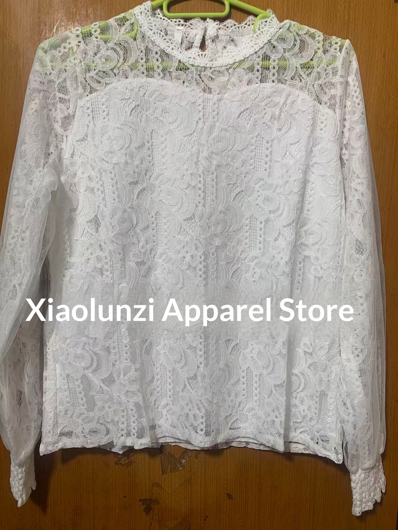 White Lace Blouse With Lantern Sleeves Korean Style Elegant Top_voghion.com