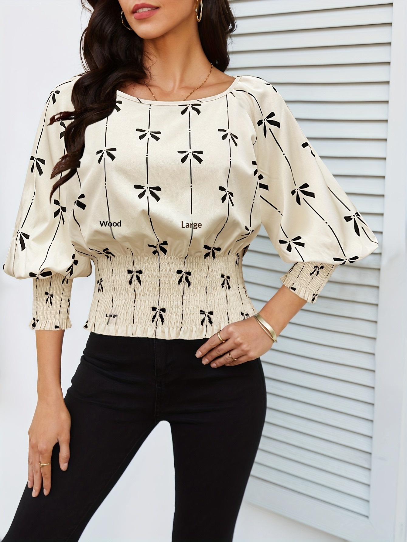 Damen Bluse Mit Print Geraffter Taille Und Laternenärmeln_voghion.com