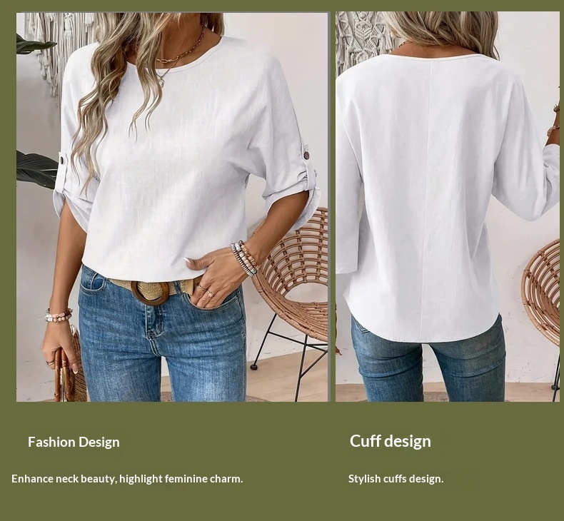 Chemise femme unie à col rond, design simple et tendance, élégante et polyvalente, à porter au quotidien._voghion.com