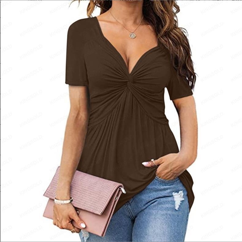 Elegantes Damen T-shirt Mit V-ausschnitt Und Front-twist Kurzarm_voghion.com