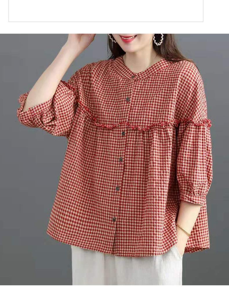 Blusa mujer estilo coreano efecto lino manga tres cuartos_voghion.com