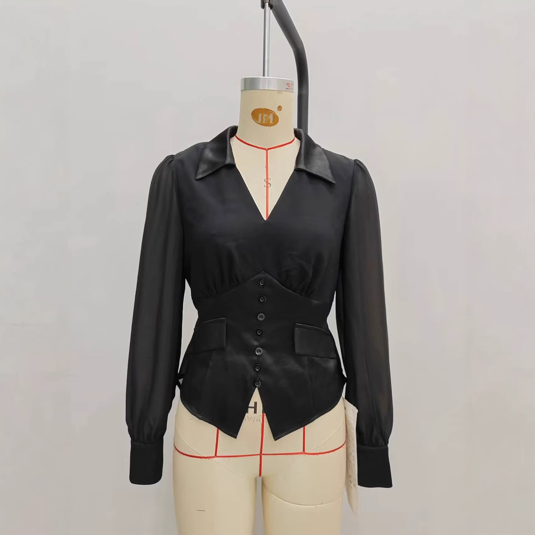 European And American Trendy Women's Shirt In Black Satin With Chiffon Inserts, Long Sleeves, V-neck, French-style Tie,_voghion.com