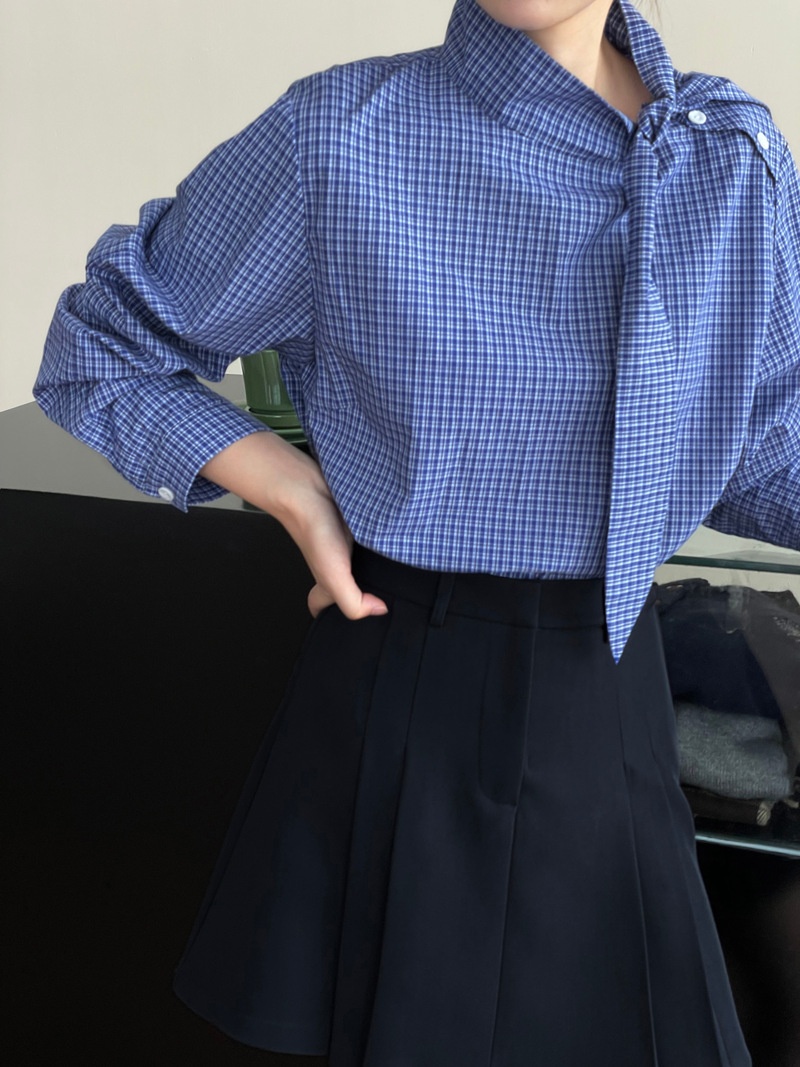 Camicia donna a quadri con lacci maniche lunghe blusa elegante_voghion.com
