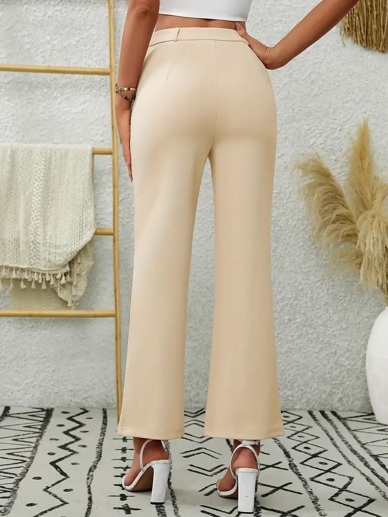 Calças flare femininas com bolsos frontais e tecido elástico_voghion.com