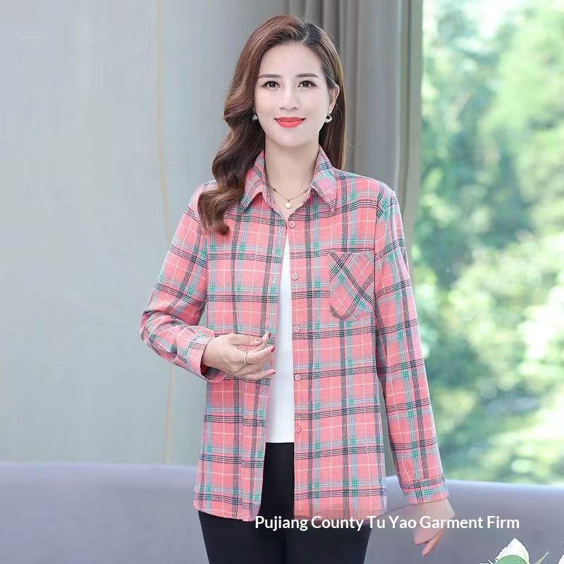 Women's Long-sleeve Plaid Blouse For Middle-aged And Elderly Women_voghion.com