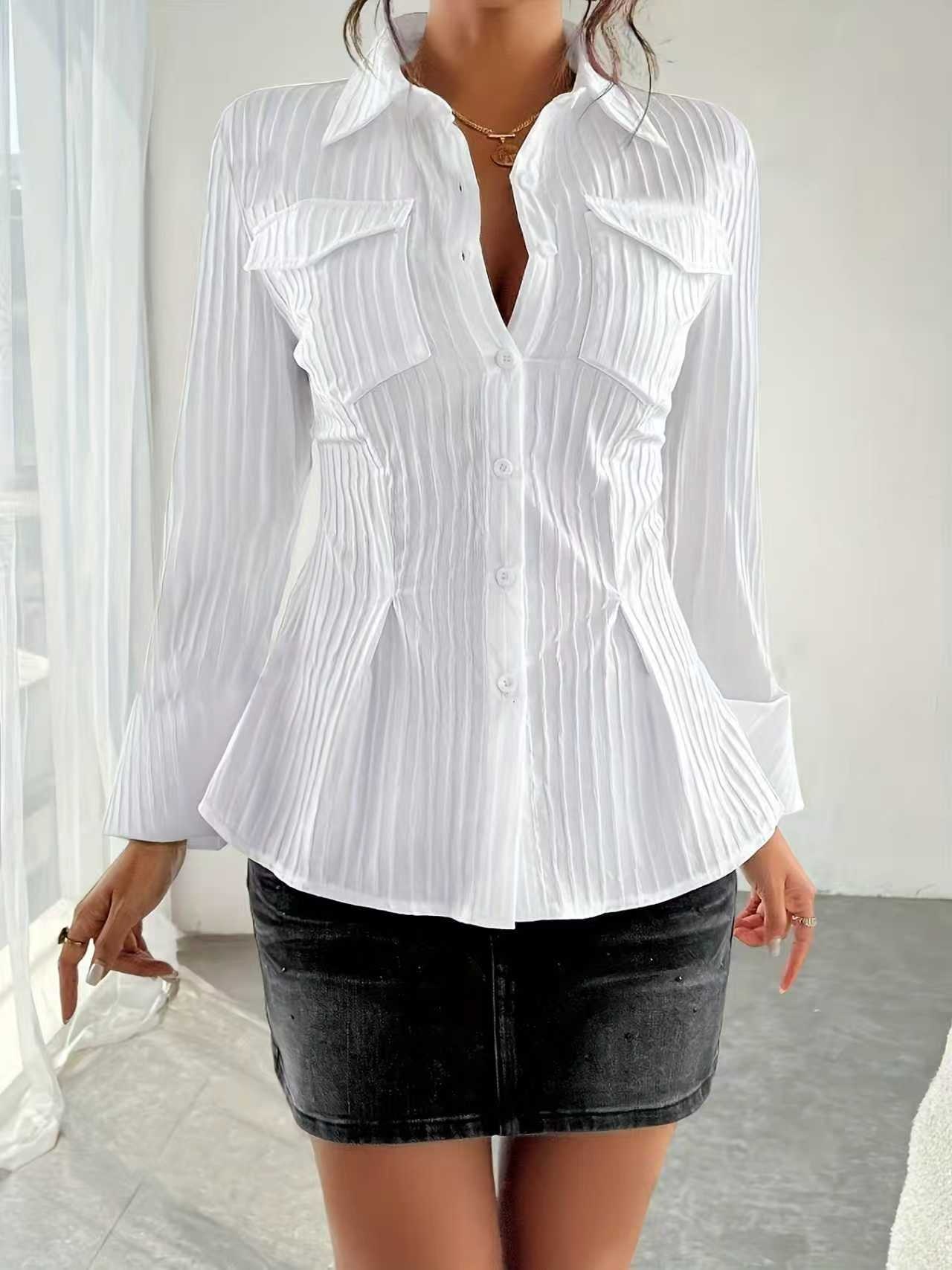 Camicia donna stile francese con tasche moda autunno_voghion.com