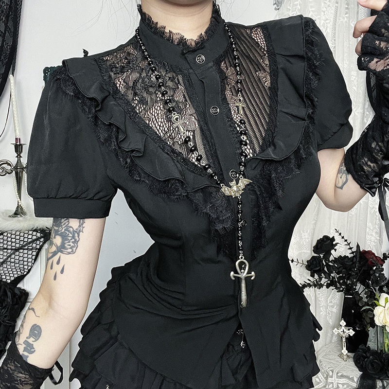 CF25145 Lace Hollow Short Sleeve Top Subculture Summer New Sexy Hot Girl Slim Fit Versatile Women's Shirt_voghion.com