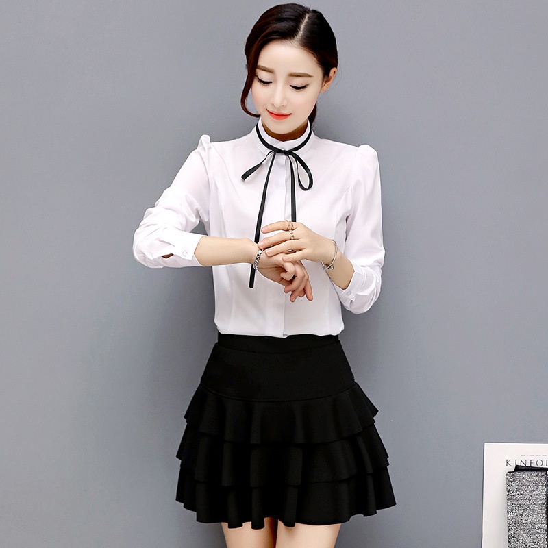 Camicia da donna professionale a maniche lunghe con colletto alto e papillon, stile autunnale, maniche a sbuffo, vestibilità slim._voghion.com