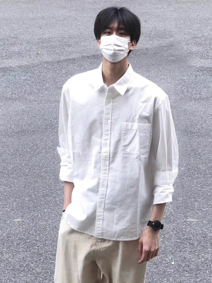 Men's Cool Silk Cotton Basic Square Collar + Pocket Loose Shirt, White Long Sleeve Shirt For Spring, Autumn, And Winter_voghion.com