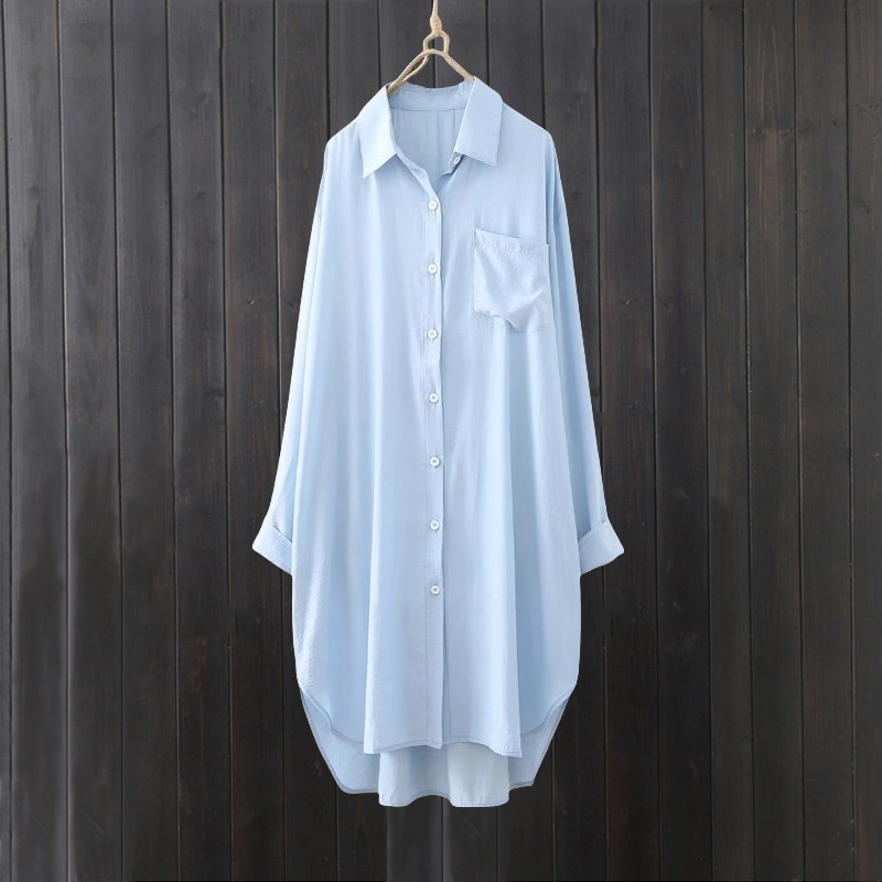 Camicia da donna bianca a tinta unita, media lunghezza, per esportazione transfrontaliera, estiva, casual, ampia, davanti corta, dietro lunga, ideale per il sole._voghion.com