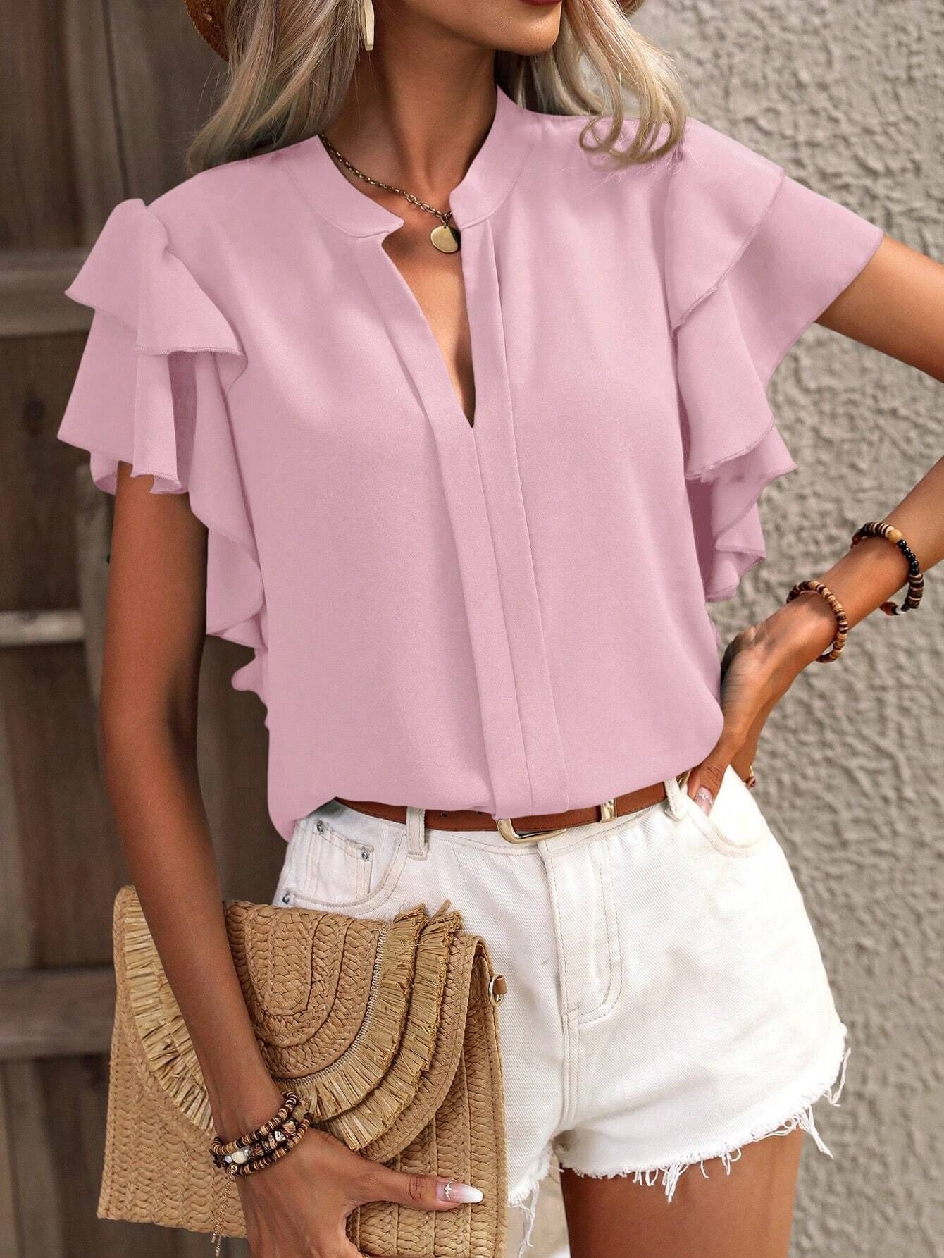 Women's V-neck Blouse With Ruffle Sleeves Summer Casual Style_voghion.com