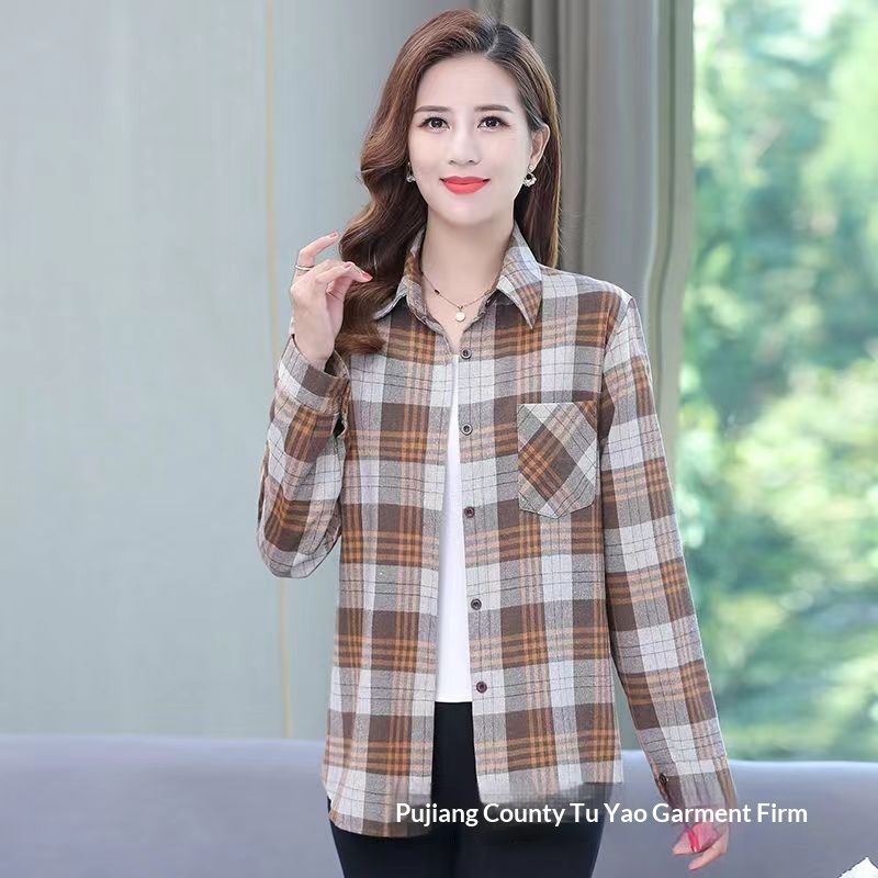 Women's Long-sleeve Plaid Blouse For Middle-aged And Elderly Women_voghion.com